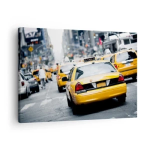 Obraz na plátně - Žluté taxíky na rušné městské ulici v centru metropole - 70x50cm - Pouze v tomto městě - Moderní nástěnná dekorace do obývacího pokoje a ložnice ARTTOR