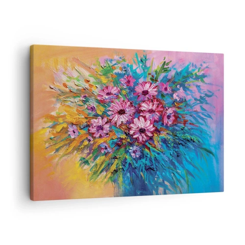Obraz na plátně - Barevné květiny v kytici na pastelově zbarveném pozadí - 70x50cm - Energie života - Moderní nástěnná dekorace do obývacího pokoje a ložnice ARTTOR