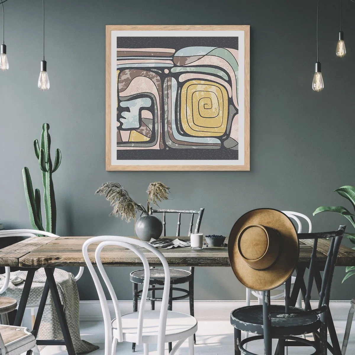 Plakát v rámu světlý dub - Abstrakce v předkolumbovském duchu - 60x60 cm