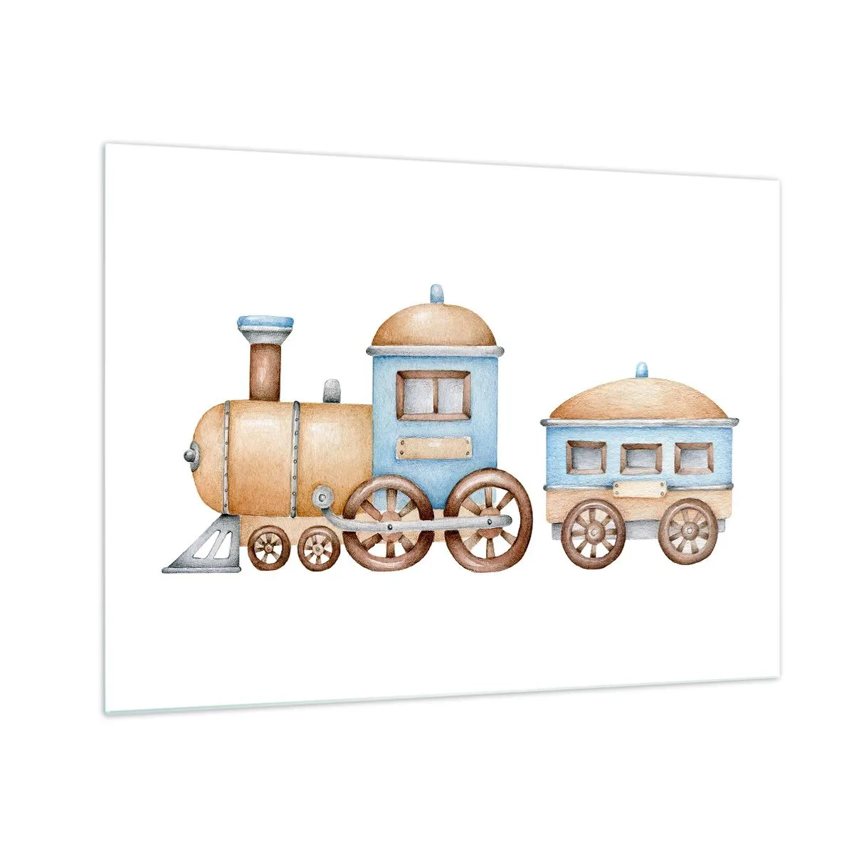 Obraz na skle - Ilustrace parního vlaku v odstínech modré a béžové na bílém pozadí - 70x50cm - Na dráze stojí… - Moderní nástěnná dekorace do obývacího pokoje a ložnice ARTTOR
