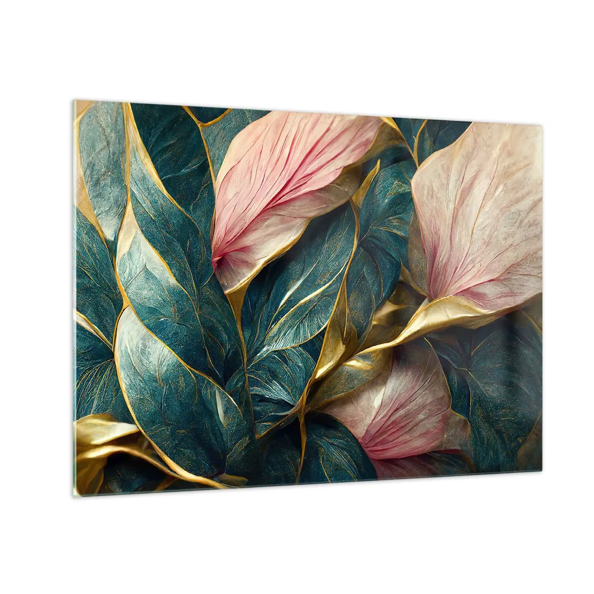 Obraz na skle - Zelené a růžové listy se zlatými akcenty - 70x50cm - Přirozená elegance a styl - Moderní nástěnná dekorace do obývacího pokoje a ložnice ARTTOR