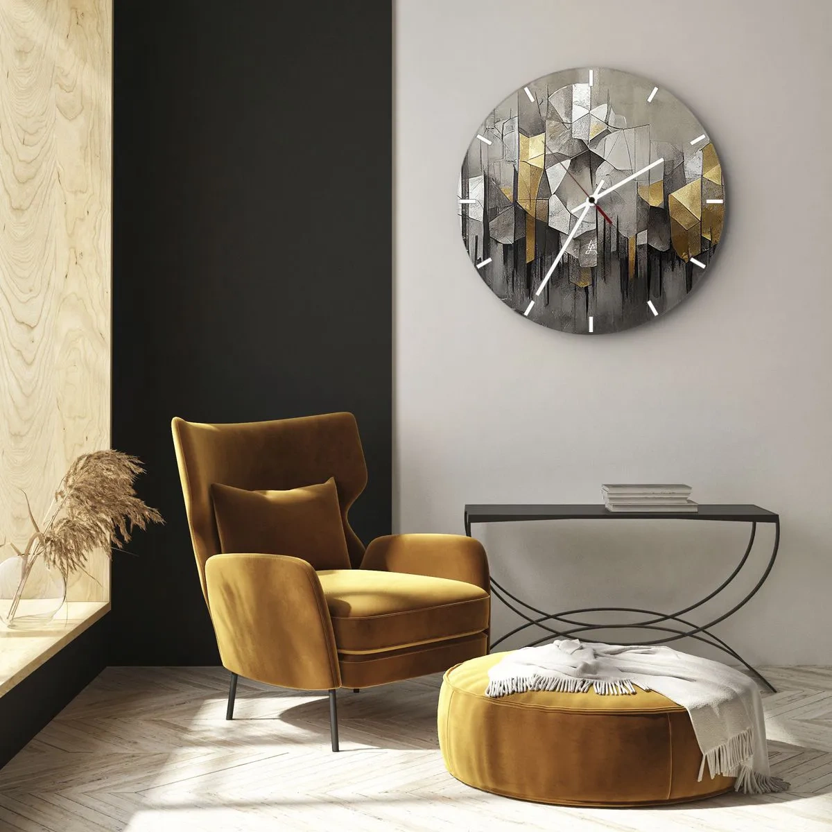 Nástěnné hodiny - Geometrická struktura s odstíny šedé a zlaté - 30x30cm - Kompozice z ledu a světla - Moderní nástěnná dekorace do obývacího pokoje, kuchyně a ložnice ARTTOR