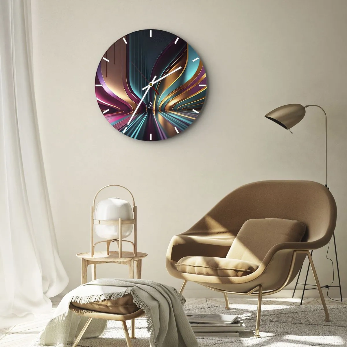 Nástěnné hodiny - Futuristické světelné čáry ve zlaté, tyrkysové a fialové barvě - 30x30cm - Architektura světla - Moderní nástěnná dekorace do obývacího pokoje, kuchyně a ložnice ARTTOR