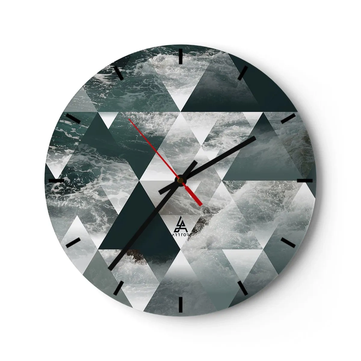 Nástěnné hodiny - Geometrické trojúhelníky s motivem bouřlivého oceánu - 30x30cm - Křišťálová perspektiva - Moderní nástěnná dekorace do obývacího pokoje, kuchyně a ložnice ARTTOR