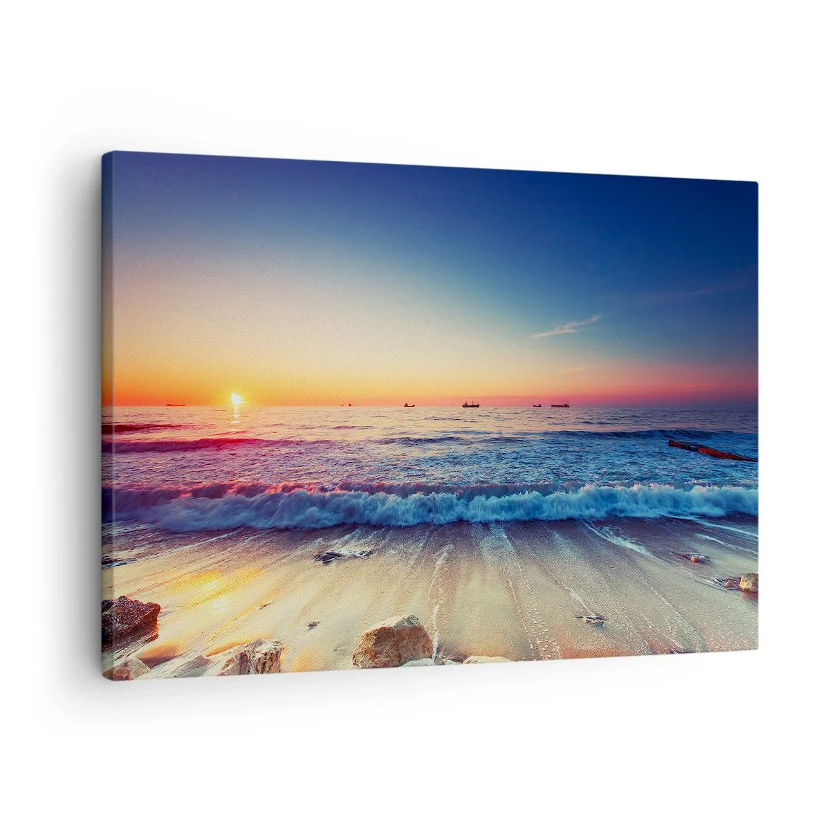 Obraz na plátně - Západ slunce nad klidným mořem s vlnami - 70x50cm - Co je za obzorem? - Moderní nástěnná dekorace do obývacího pokoje a ložnice ARTTOR