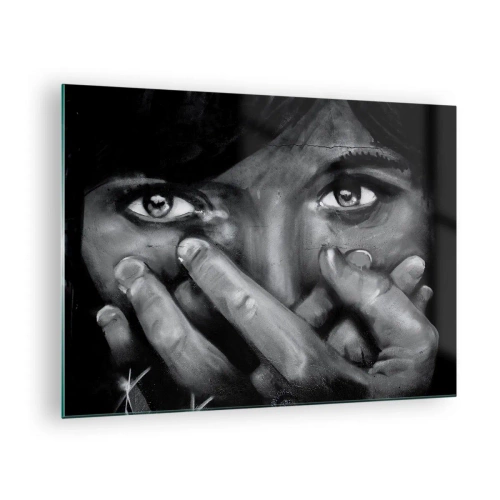 Obraz na skle - Černobílý portrét s emotivním pohledem - 70x50cm - Neřeknu, kdo to namaloval - Moderní nástěnná dekorace do obývacího pokoje a ložnice ARTTOR
