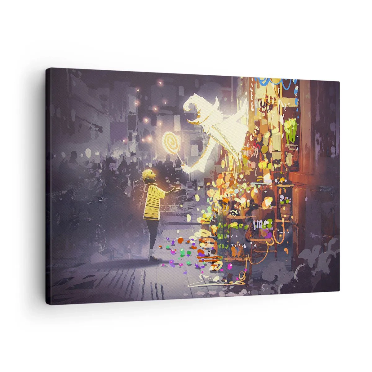 Obraz na plátně - Pohádková postava a dítě na ulici plné světel a kouzel - 70x50cm - Kouzla existují - Moderní nástěnná dekorace do obývacího pokoje a ložnice ARTTOR