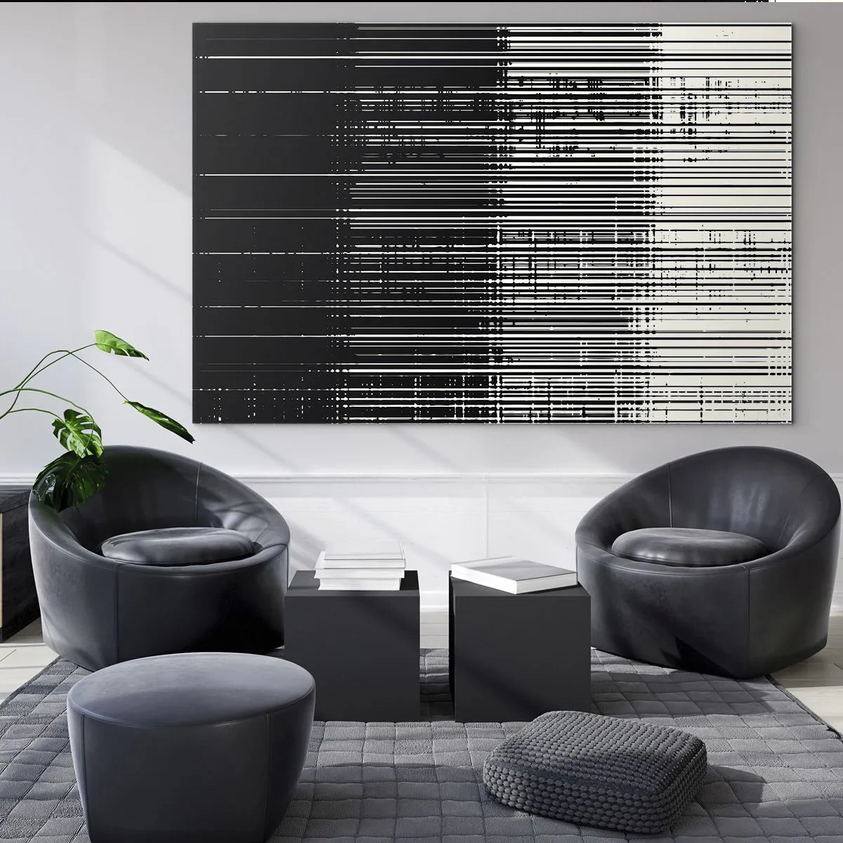 Obraz na skle - Černobílá abstrakce s vodorovnými čarami vytvářejícími přechod - 70x50cm - Vlny a vibrace - Moderní nástěnná dekorace do obývacího pokoje a ložnice ARTTOR