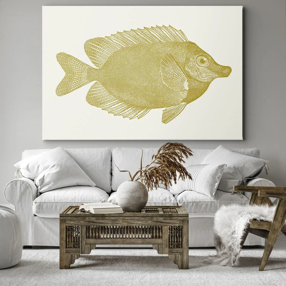 Obraz na plátně - Vintage zlaté rybky na světlém pozadí - 70x50cm - Prostě ryba - Moderní nástěnná dekorace do obývacího pokoje a ložnice ARTTOR