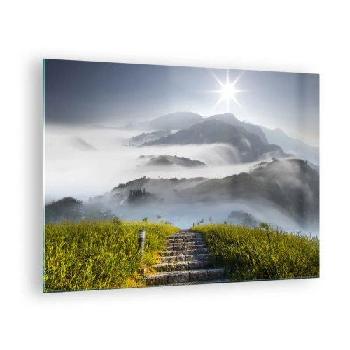 Obraz na skle - Horská krajina s mlhou a schody vedoucími na vrchol - 70x50cm - Stále vzhůru do oblak - Moderní nástěnná dekorace do obývacího pokoje a ložnice ARTTOR