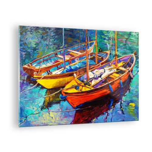 Obraz na skle - Barevné lodě na klidné vodě - 70x50cm - Na vodě husté od barev - Moderní nástěnná dekorace do obývacího pokoje a ložnice ARTTOR