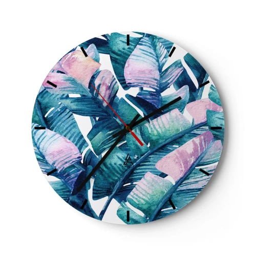 Nástěnné hodiny - Tropické listy v odstínech zelené a růžové - 30x30cm - V banánovém háji - Moderní nástěnná dekorace do obývacího pokoje, kuchyně a ložnice ARTTOR