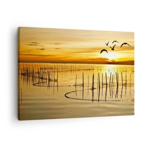 Obraz na plátně - Západ slunce nad vodou s ptáky v letu - 70x50cm - Na rybolovu - Moderní nástěnná dekorace do obývacího pokoje a ložnice ARTTOR