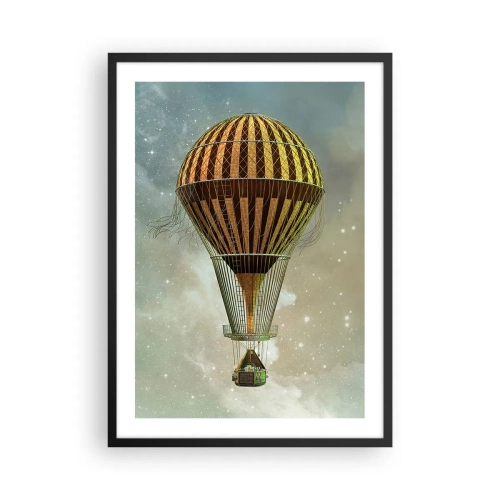 Plakát v černém rámu - Zlatý balón plující ve vesmíru - 50x70cm - Průkopnické lety - Moderní nástěnná dekorace do obývacího pokoje a ložnice ARTTOR