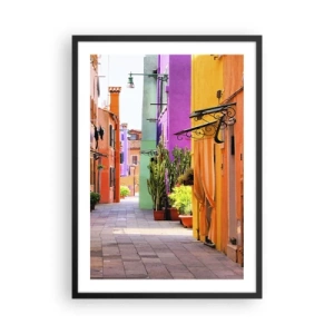 Plakát v černém rámu - Barevná ulice s rostlinami a zářivými fasádami budov - 50x70cm - Duhová ulička - Moderní nástěnná dekorace do obývacího pokoje a ložnice ARTTOR