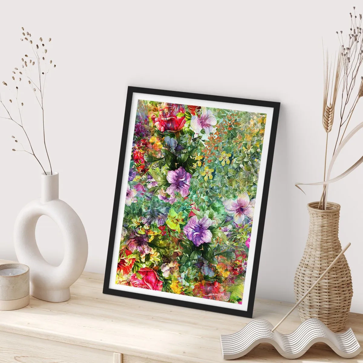 Plakát v černém rámu - Barevné květinové aranžmá - 50x70cm - Do květů, k záhubě - Moderní nástěnná dekorace do obývacího pokoje a ložnice ARTTOR