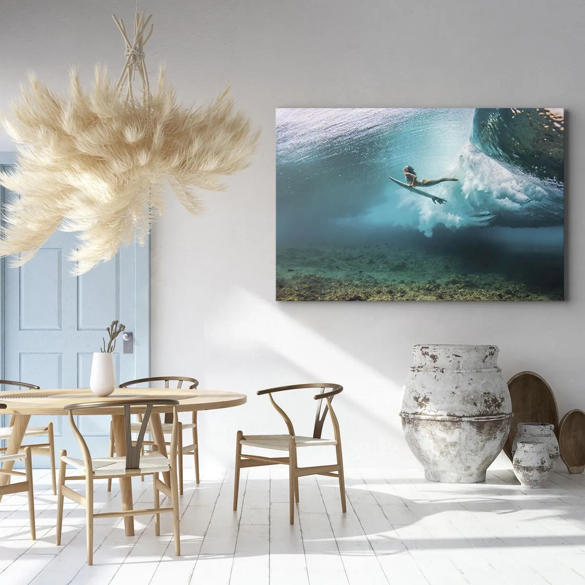 Obraz na plátně - Surfař pod vlnou v modré oceánské vodě - 70x50cm - Podmořský svět - Moderní nástěnná dekorace do obývacího pokoje a ložnice ARTTOR