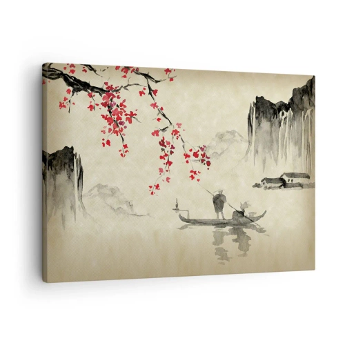 Obraz na plátně - Orientální ilustrace s lodí a kvetoucí větví - 70x50cm - V zemi kvetoucích třešní - Moderní nástěnná dekorace do obývacího pokoje a ložnice ARTTOR