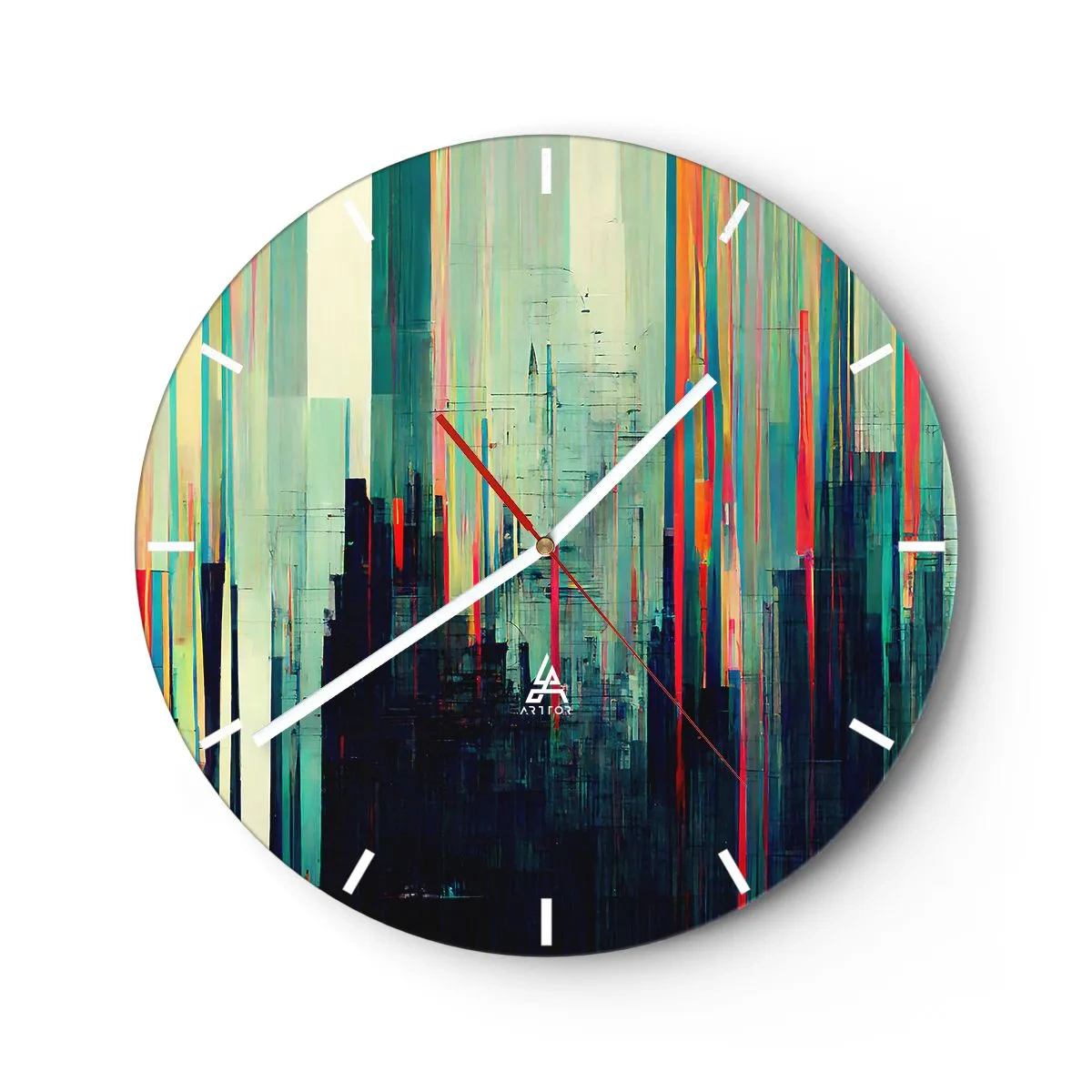Nástěnné hodiny - Barevná abstrakce se svislými čarami připomínajícími město - 30x30cm - Futuristické město - Moderní nástěnná dekorace do obývacího pokoje, kuchyně a ložnice ARTTOR