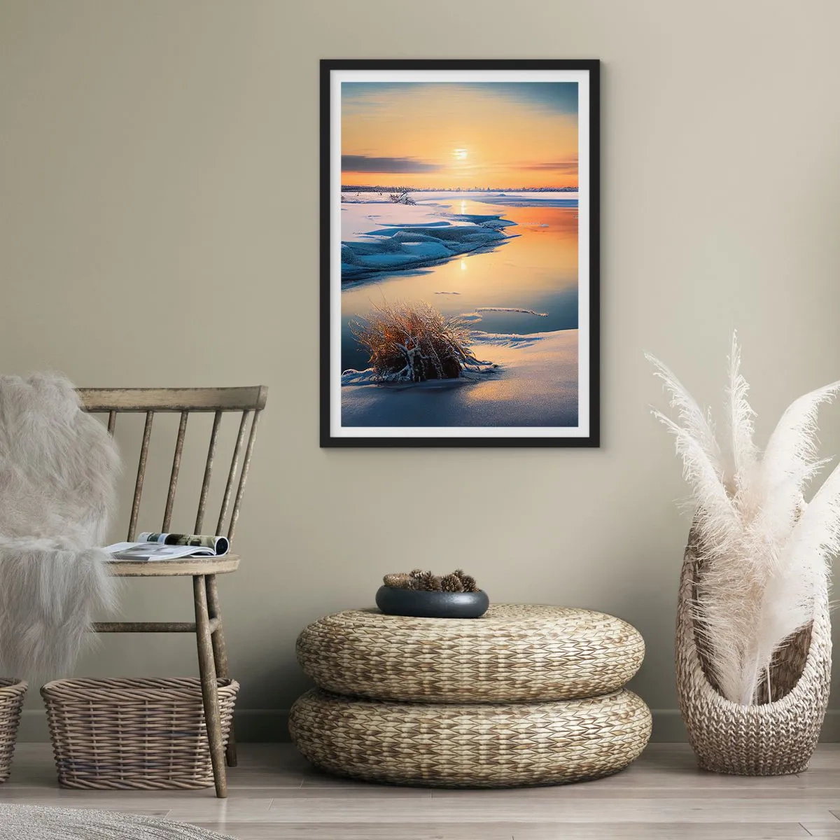 Plakát v černém rámu - Zimní západ slunce - 61x91 cm