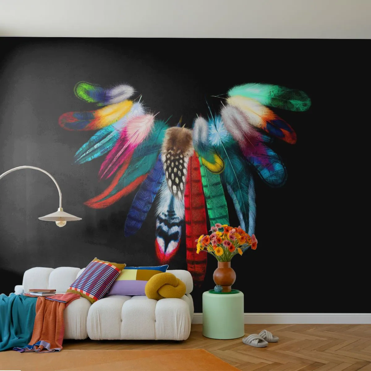 Fototapeta Premium Canvas - Indiánský náhrdelník - Ptačí pírko, Boho, Grafika - 250x175 cm
