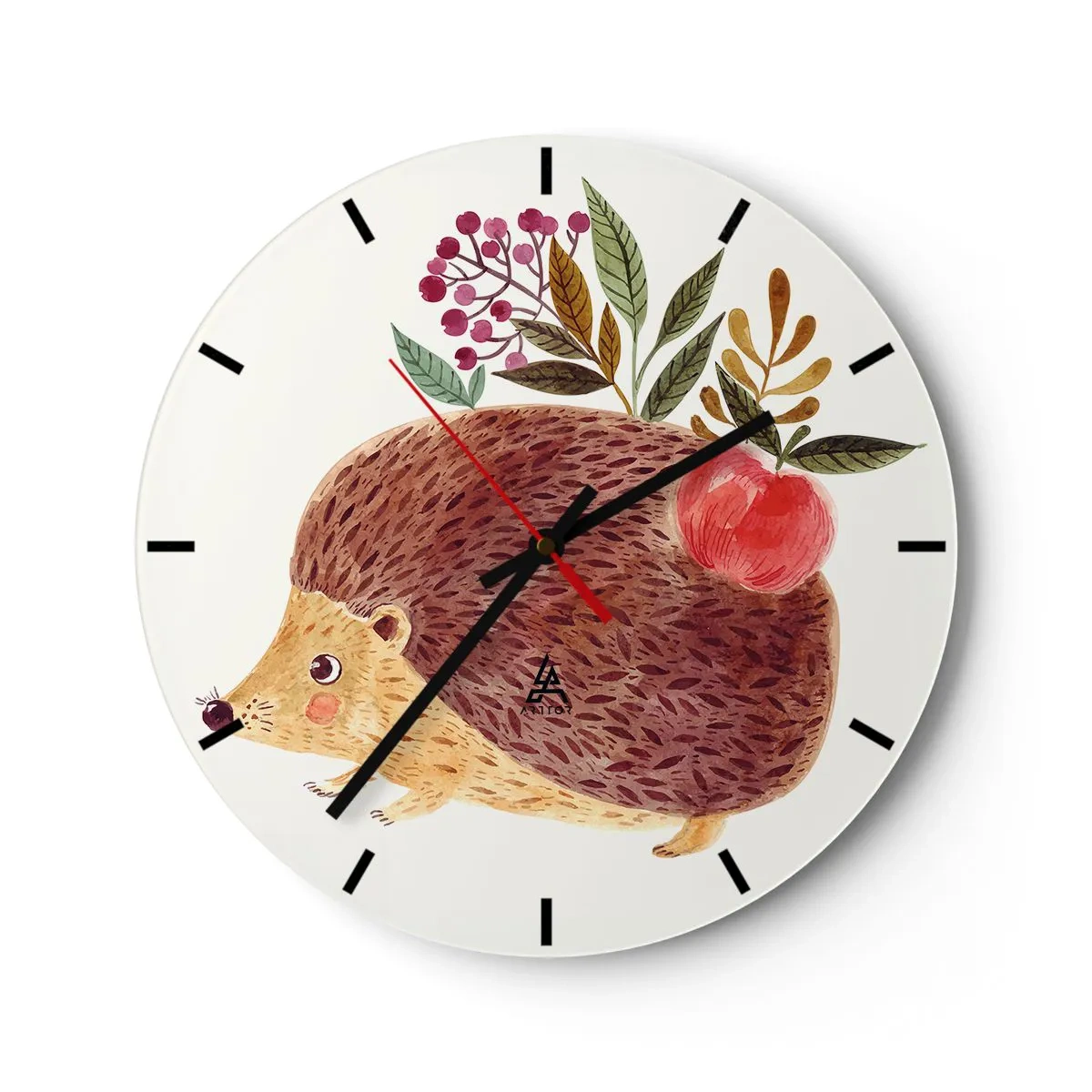 Nástěnné hodiny - Ježek s jablkem a větvičkami na světlém pozadí - 30x30cm - A už mě máš rád - Moderní nástěnná dekorace do obývacího pokoje, kuchyně a ložnice ARTTOR