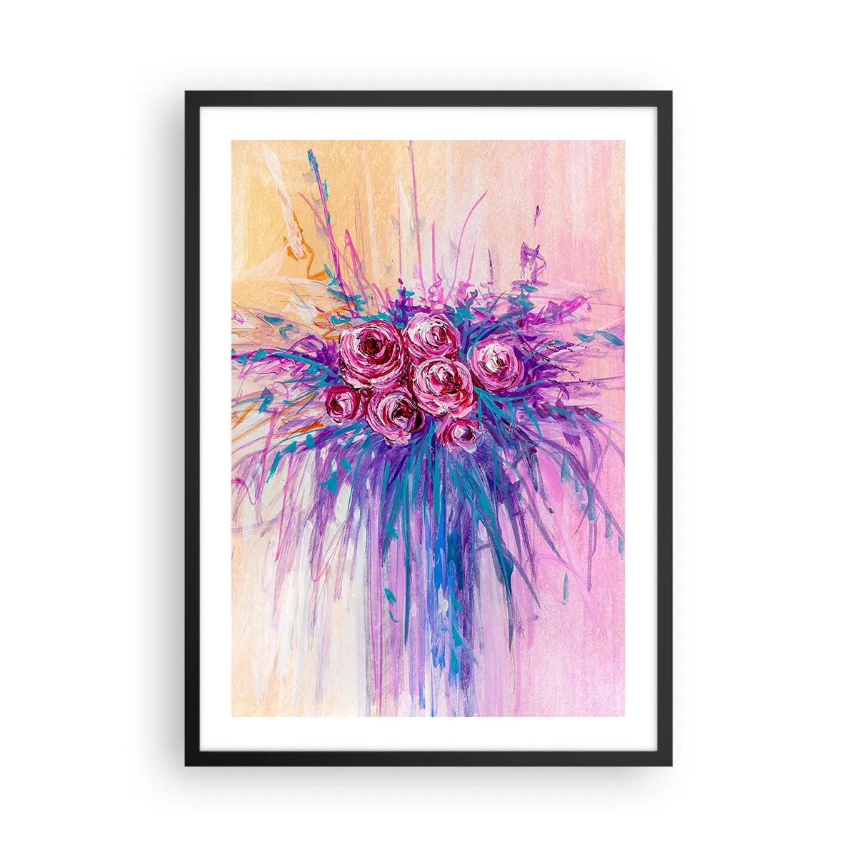 Plakát v černém rámu - Barevné růže na pozadí v odstínech růžové - 50x70cm - Růžová fontána - Moderní nástěnná dekorace do obývacího pokoje a ložnice ARTTOR