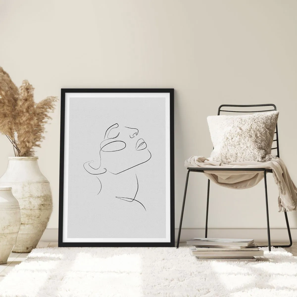 Plakát v černém rámu - Minimalistický portrét ženy ve stylu čárového umění - 50x70cm - Meandry snu - Moderní nástěnná dekorace do obývacího pokoje a ložnice ARTTOR