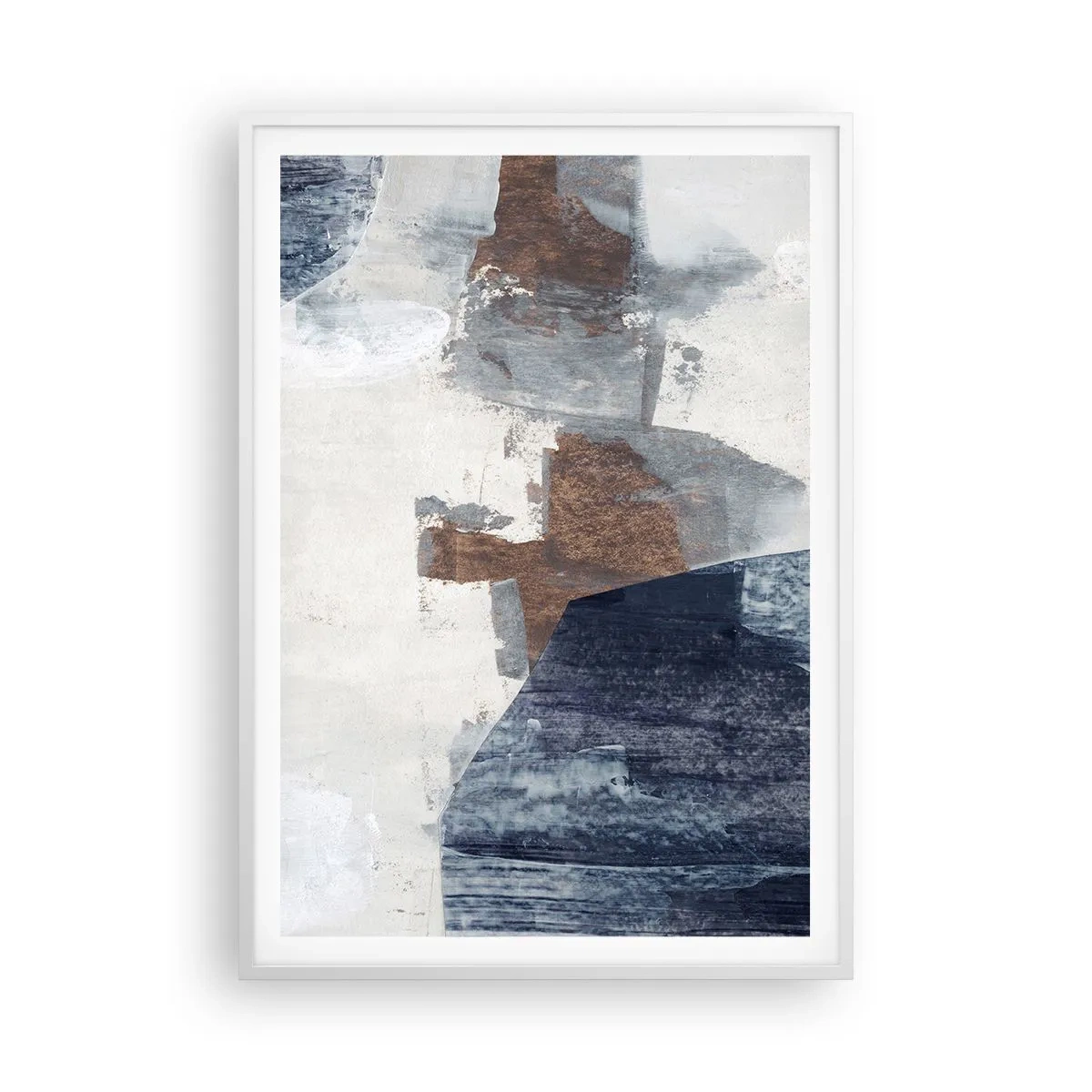 Plakát v bílém rámu - Modro-hnědé tvary - 70x100 cm