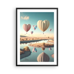 Plakát v černém rámu - Balónky ve tvaru srdce vznášející se nad krajinou - 50x70cm - Láska tě nechá vzlétnout - Moderní nástěnná dekorace do obývacího pokoje a ložnice ARTTOR