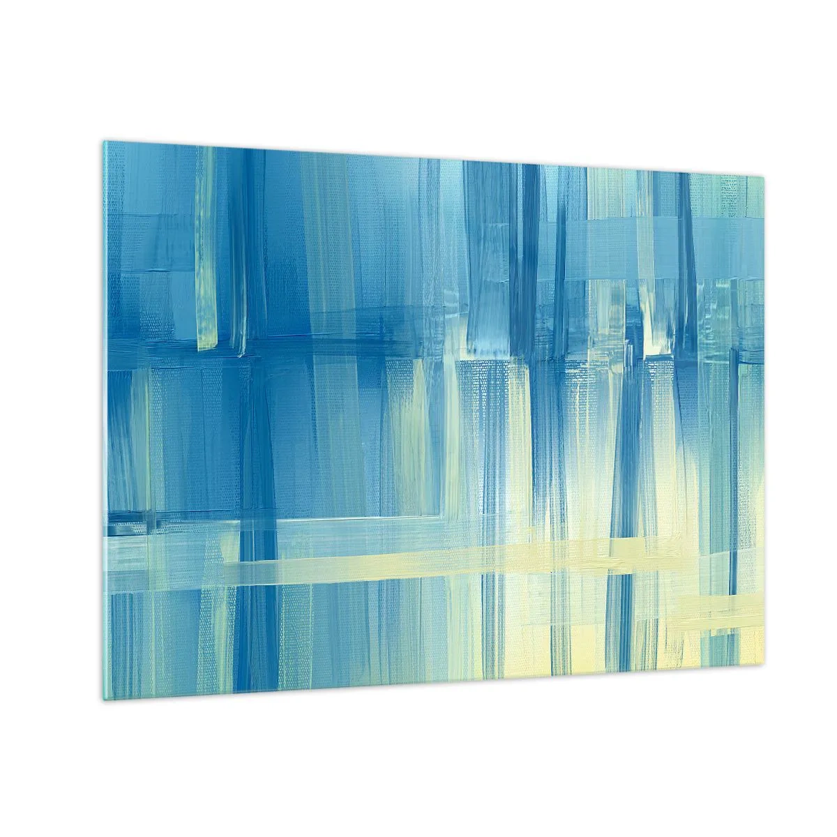 Obraz na skle - Abstraktní tahy štětcem v tyrkysové a žluté barvě - 70x50cm - Kompozice v tyrkysu - Moderní nástěnná dekorace do obývacího pokoje a ložnice ARTTOR