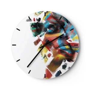Nástěnné hodiny - Barevná abstrakce obličeje s intenzivními tahy barvy - 30x30cm - Pestrá osobnost - Moderní nástěnná dekorace do obývacího pokoje, kuchyně a ložnice ARTTOR