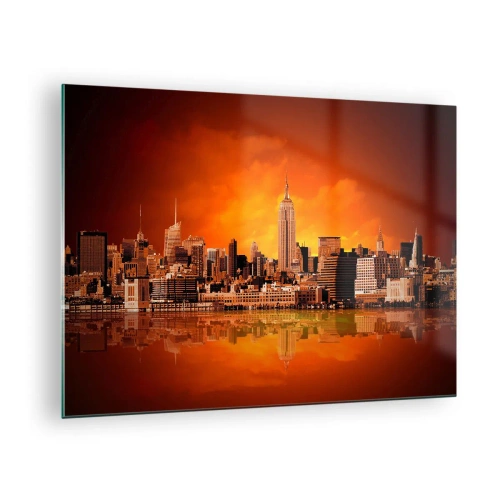 Obraz na skle - Panorama města při západu slunce - 70x50cm - Panorama velkoměsta ve žluté a hnědé - Moderní nástěnná dekorace do obývacího pokoje a ložnice ARTTOR