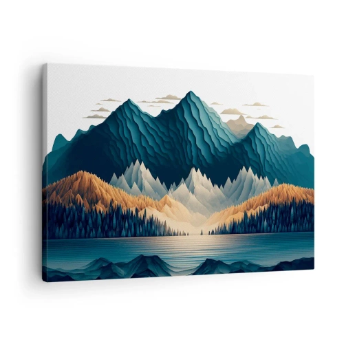 Obraz na plátně - Malebné hory nad jezerem při západu slunce - 70x50cm - Dokonalá horská krajina - Moderní nástěnná dekorace do obývacího pokoje a ložnice ARTTOR