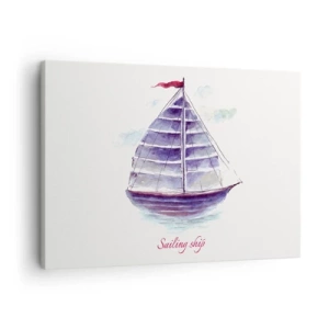 Obraz na plátně - Akvarelová malba plachetnice na vodě s jemným nápisem - 70x50cm - Napnuté plachty a klidná voda - Moderní nástěnná dekorace do obývacího pokoje a ložnice ARTTOR