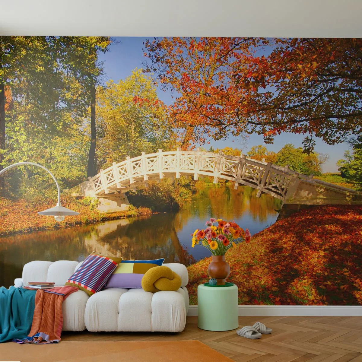 Fototapeta Samolepicí Deluxe Sticker - Na bílém můstku vzdechů - Krajina, Park, Dřevěný most - 250x175 cm