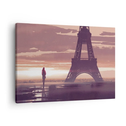 Obraz na plátně - Postava dívající se na Eiffelovu věž ve světle zapadajícího slunce - 70x50cm - Pouze ty dvě - Moderní nástěnná dekorace do obývacího pokoje a ložnice ARTTOR