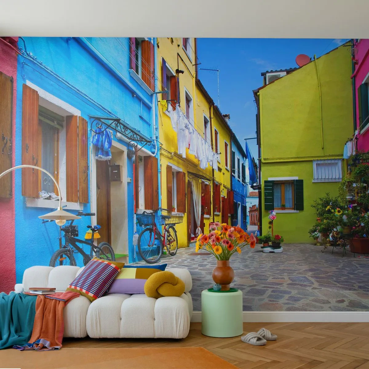 Fototapeta Samolepicí Deluxe Sticker - Pastelové, sladké zákoutí - Město, jízdní kola, Alej - 250x175 cm