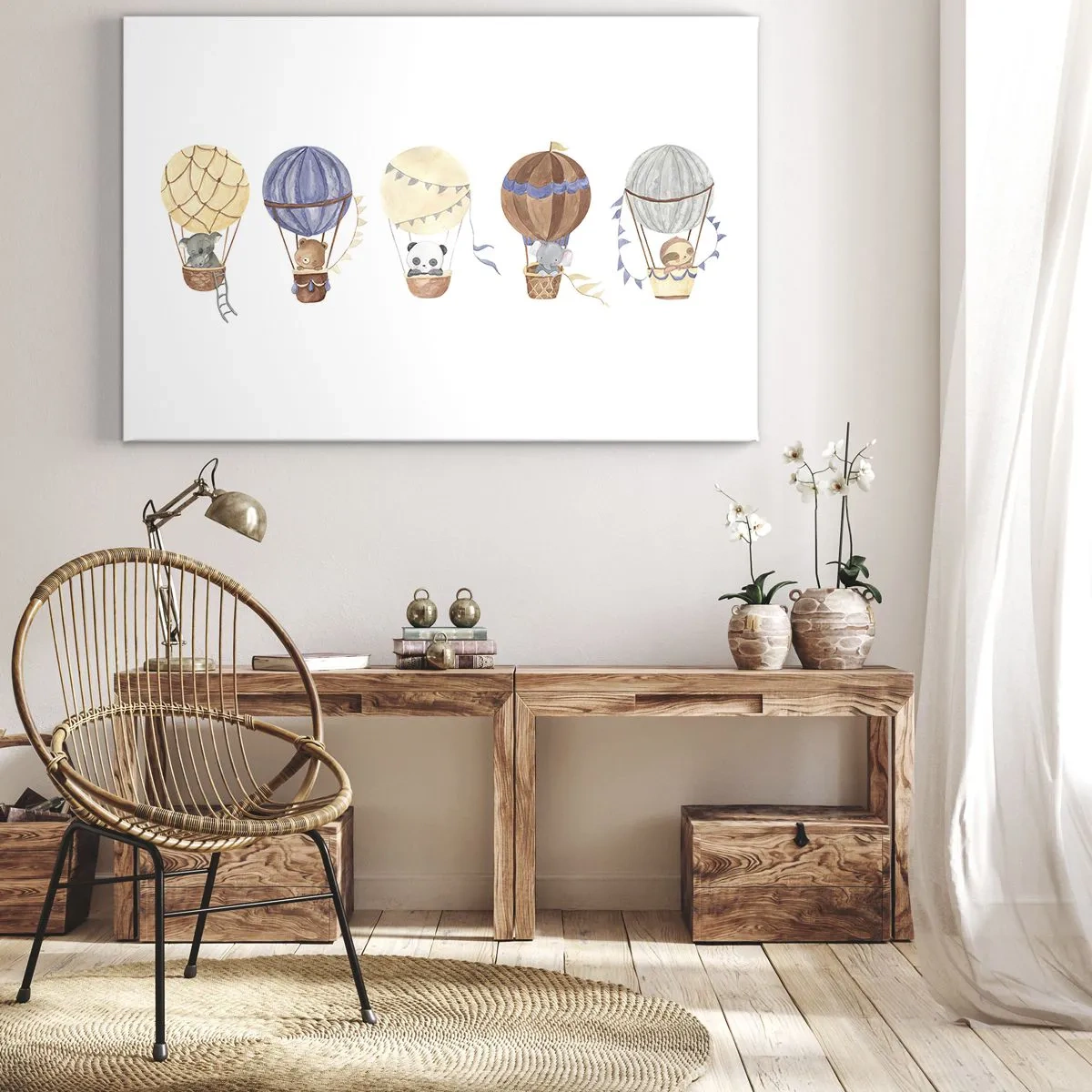 Obraz na plátně - Roztomilá zvířátka v balóncích na bílém pozadí - 70x50cm - Přátelé na cestách - Moderní nástěnná dekorace do obývacího pokoje a ložnice ARTTOR
