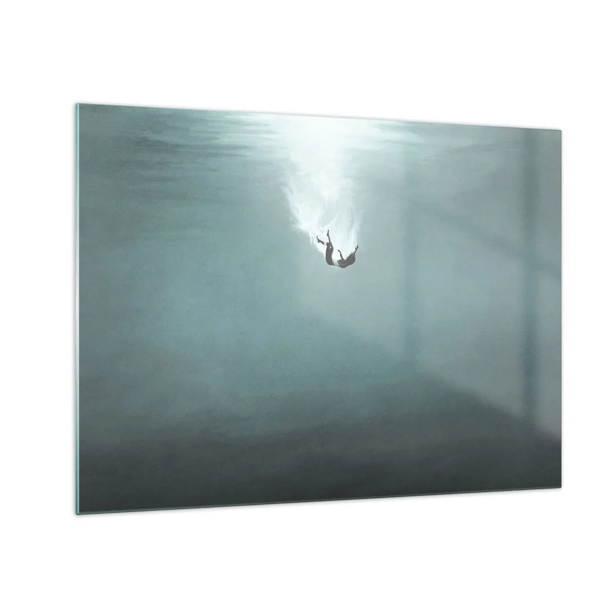 Obraz na skle - Silueta muže ponořeného v modrých hlubinách oceánu - 70x50cm - V objetí oceánu - Moderní nástěnná dekorace do obývacího pokoje a ložnice ARTTOR