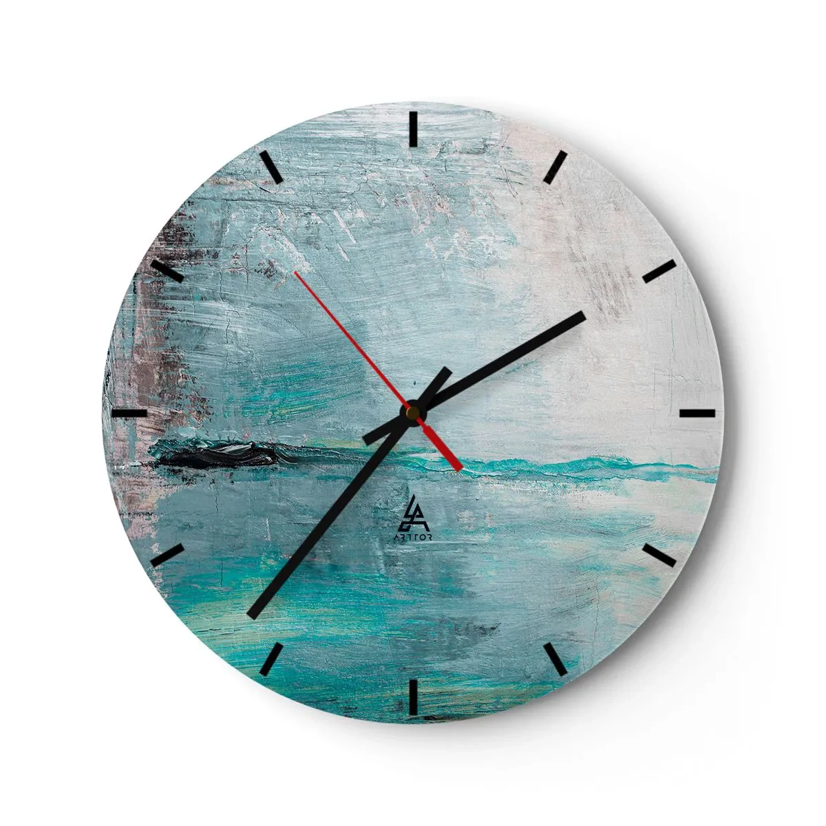 Nástěnné hodiny - Ciferník hodin s abstraktním motivem v odstínech modré a šedé. - 30x30cm - Horizontálně v modři - Moderní nástěnná dekorace do obývacího pokoje, kuchyně a ložnice ARTTOR