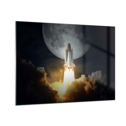 Obraz na skle - Start vesmírné rakety na pozadí měsíce a noční oblohy. - 70x50cm - Začátek nadpřirozeného dobrodružství - Moderní nástěnná dekorace do obývacího pokoje a ložnice ARTTOR