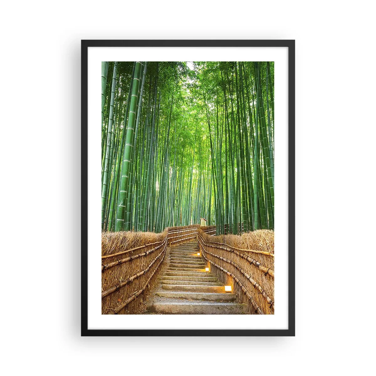 Plakát v černém rámu - Cesta bambusovým lesem s osvětlením - 50x70cm - Esence asijské přírody - Moderní nástěnná dekorace do obývacího pokoje a ložnice ARTTOR
