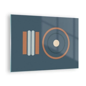 Obraz na skle - Abstraktní geometrické tvary v tlumených barvách s kruhy a čarami - 70x50cm - Podstata věcí - Moderní nástěnná dekorace do obývacího pokoje a ložnice ARTTOR