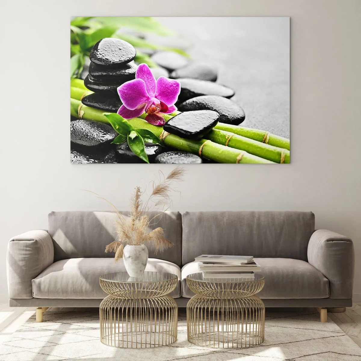 Obraz na skle - Orchidej, černé kameny a bambus v klidném aranžmá - 70x50cm - V klidné rovnováze - Moderní nástěnná dekorace do obývacího pokoje a ložnice ARTTOR