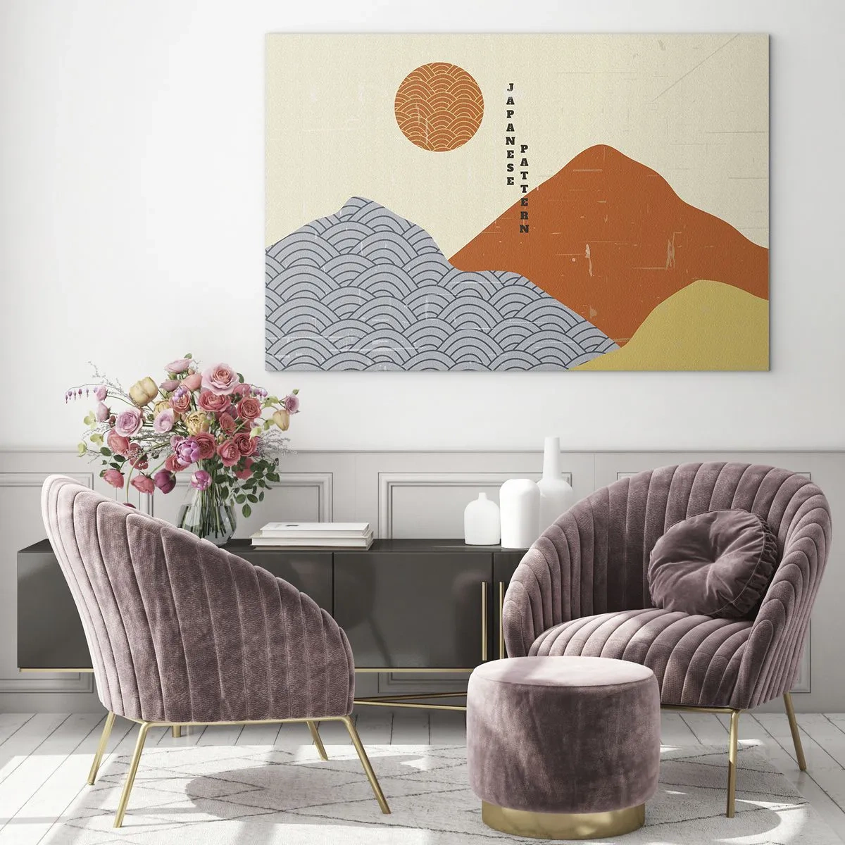 Obraz na skle - Grafika s japonskými vzory hor a slunce - 70x50cm - V japonském duchu - Moderní nástěnná dekorace do obývacího pokoje a ložnice ARTTOR