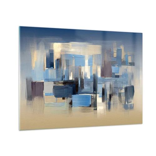 Obraz na skle - Geometrické tahy štětcem v odstínech modré a béžové - 70x50cm - Modrá konstrukce - Moderní nástěnná dekorace do obývacího pokoje a ložnice ARTTOR