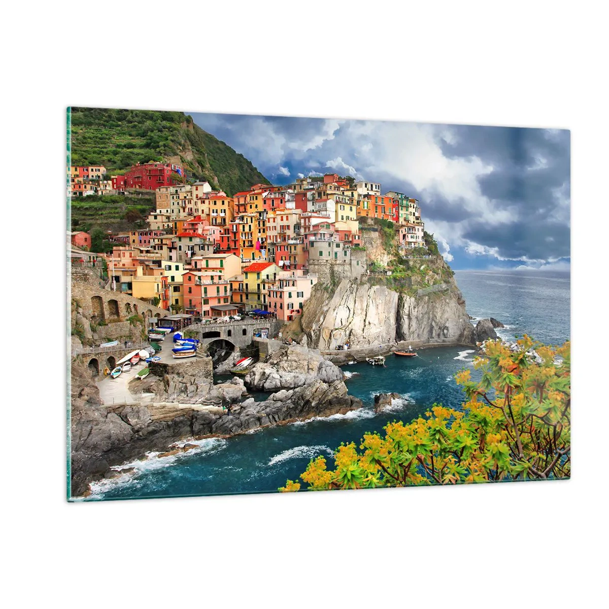 Obraz na skle - Hromádka přitulená ke skalám - 120x80 cm