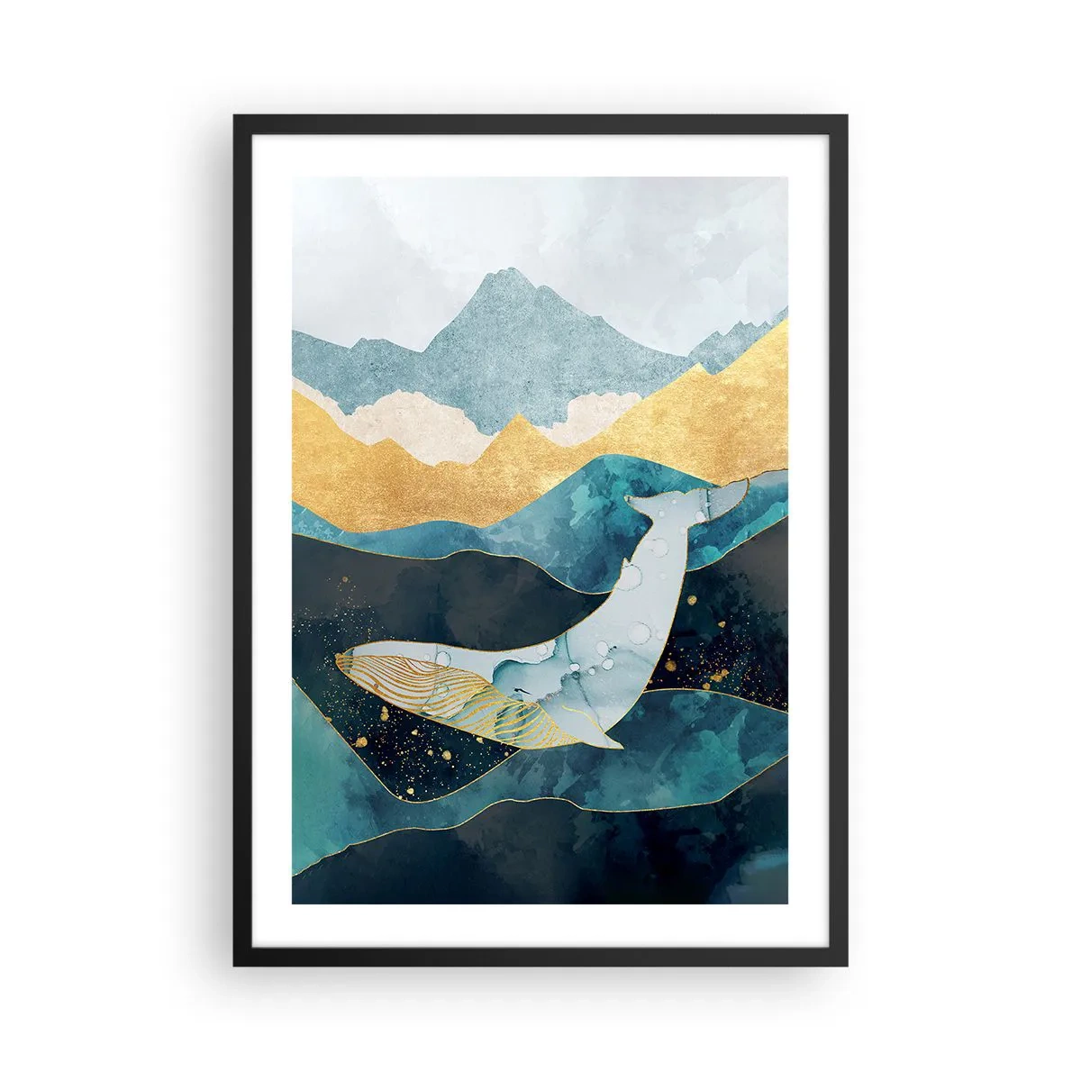 Plakát v černém rámu - Abstraktní velryba plující mezi zlatými vlnami. - 50x70cm - Chladná krása severu - Moderní nástěnná dekorace do obývacího pokoje a ložnice ARTTOR
