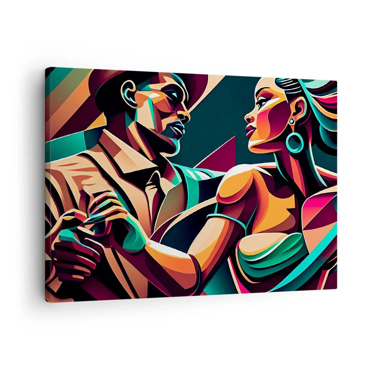 Obraz na plátně - Stylizovaný pár tančící v zářivých, geometrických barvách. - 70x50cm - V rytmu srdce - Moderní nástěnná dekorace do obývacího pokoje a ložnice ARTTOR